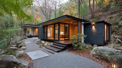 Modern minimalist cabin surrounded by nature, featuring sleek architecture and a tranquil outdoor setting