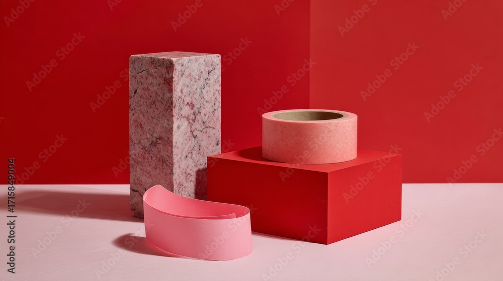 Poster red background with geometric blocks abstract minimal composition design
