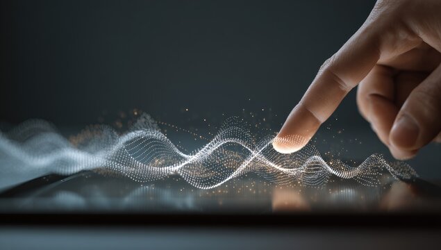 Human finger interacting with glowing digital waveform on futuristic interface. - Powered by Adobe