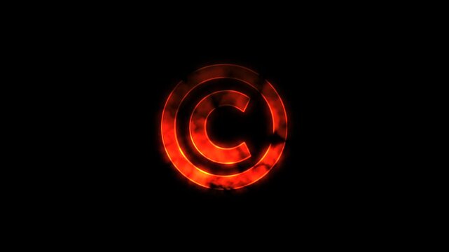 Copyright text symbol on fire animation on black background