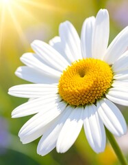 Naklejka premium Close-up of a vibrant white daisy, bathed in sunlight, showcasing delicate petals and a bright yellow center. A beautiful, natural image of springtime freshness.