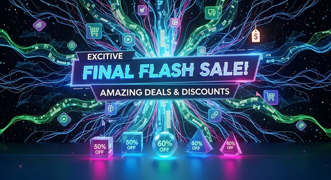 A vibrant promotional graphic displays a final flash sale with discounts, featuring luminous digital elements and sale percentages.