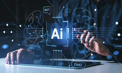 AI chatbot interface with brain circuit graphics on digital screen concept..