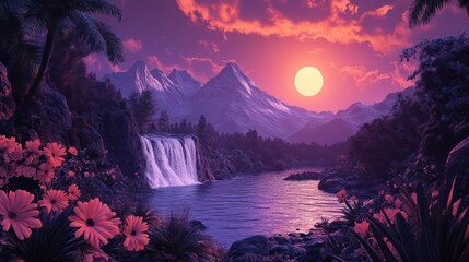 Tropical Waterfall Sunset Mountains; vibrant landscape; peaceful scenery; stock photo
