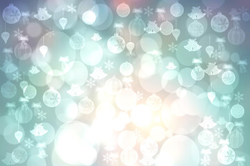 Abstract blurred festive light green yellow white winter christmas or Happy New Year background texture with shiny bokeh circles, snowflakes and stars. Card concept.