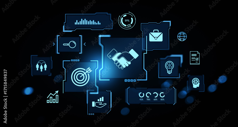 Poster digital business partnership concept with futuristic handshake icon and data analytics symbols in ne