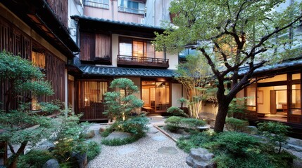 Fototapeta premium Tranquil Japanese Garden with Stone Path and Lush Greenery in Traditional Architecture Setting
