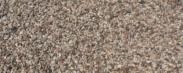 Pebble stones textured background. Small round rocks pattern top view, smooth pebble