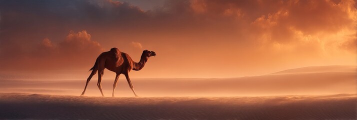 A lone camel walking gracefully through the golden sand dunes at sunset.