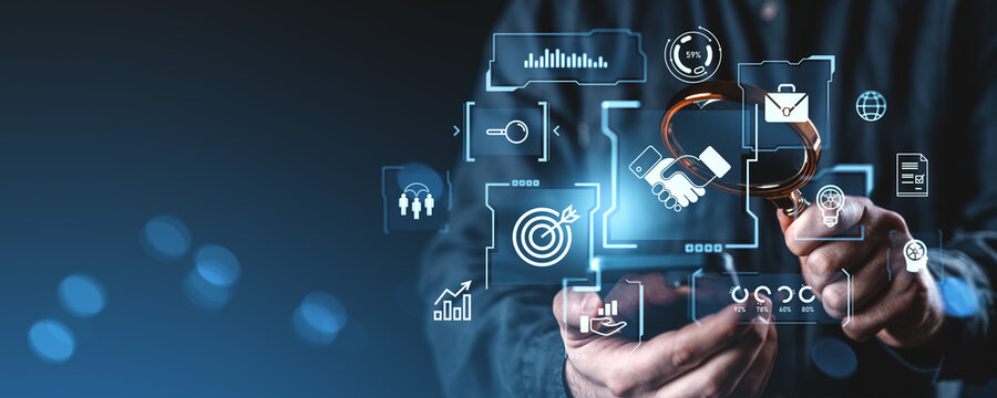 Business analysis and B2B strategy concept with digital interface icons overlayed.