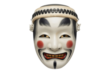 A traditional Japanese Noh mask with a cheerful expression, featuring intricate details and vibrant colors. background removed