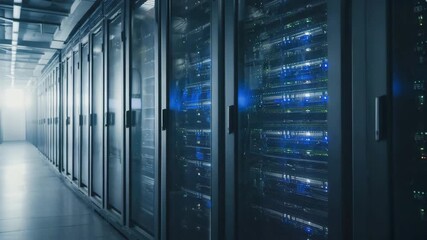 Dynamic server room with glowing blue lights signals advanced technology and data flow - Powered by Adobe