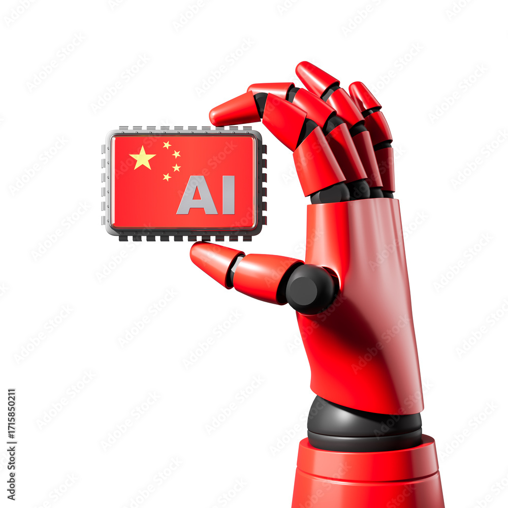 Poster red robotic hand holding chinese ai microchip symbolizing futuristic technology and innovation conce