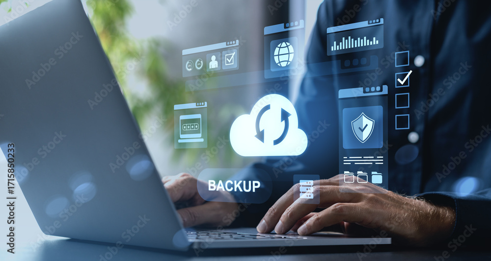 Poster cloud data backup and secure storage concept with user accessing online network system.