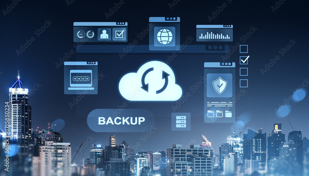 Poster cloud data backup and network security icons over city skyline at night..