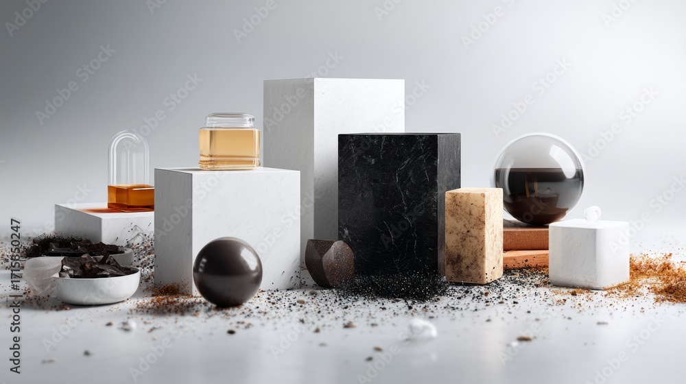 Poster geometric abstract display with cubes spheres modern composition minimal
