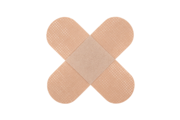 Four adhesive bandages arranged in an X shape against a transparent background. background removed