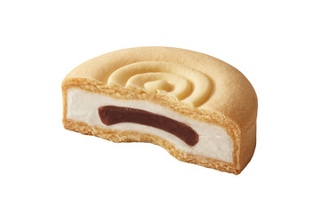 A half-eaten round ice cream sandwich cookie with a chocolate filling, creamy white ice cream and a patterned cookie. background removed