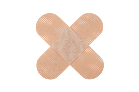 Four adhesive bandages arranged in an X shape against a transparent background. background removed