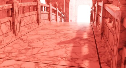 A red marble bridge leads towards a bright, glowing archway