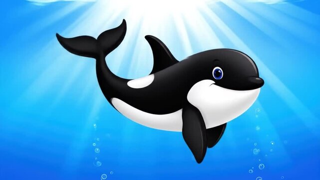 Cartoon or illustration of an orca swimming underwater. Sunlight streams from above