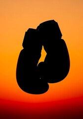 Silhouetted boxing gloves against a vibrant sunset sky.