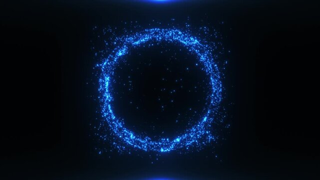 Glowing blue particle circle on dark background. Futuristic energy ring made of sparkling dust and light dots, abstract technology design, sci-fi portal or digital wave effect for modern visuals