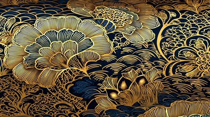 An opulent floral composition unfolds in layered gold lines against a deep navy background, evoking a sense of luxurious detail and intricate artistry, creating a visually rich experience.