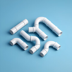 PVC Pipe Connections, A minimalist 3d icon of various PVC pipe connections, including elbows and T-joints, clean glossy white plastic style, isometric view. Isolated on a light blue background.