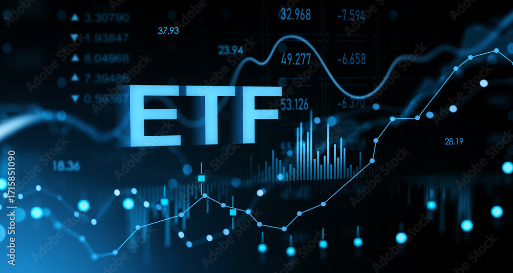 Poster etf investment concept with digital financial data charts and glowing stock indicators on a futurist