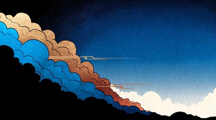 An abstract landscape depicts rolling hills and a dramatic sky, rendered in textured layers of blue, brown, and cream, evoking a sense of vastness and serene isolation.