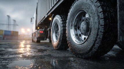 Industrial Cargo Delivery: A weathered cargo truck, captured in a cinematic moment during a light rain, represents the backbone of transport and logistics.