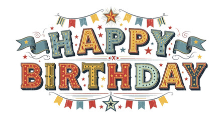Fototapeta premium Vintage Happy Birthday Text with Festive Stars and Banners for Celebrations and Parties