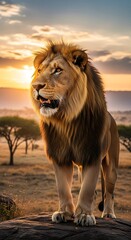 Majestic lion stands proud on a rock outcrop at sunrise, showcasing its golden mane and powerful stance against a beautiful, warm sunrise backdrop.