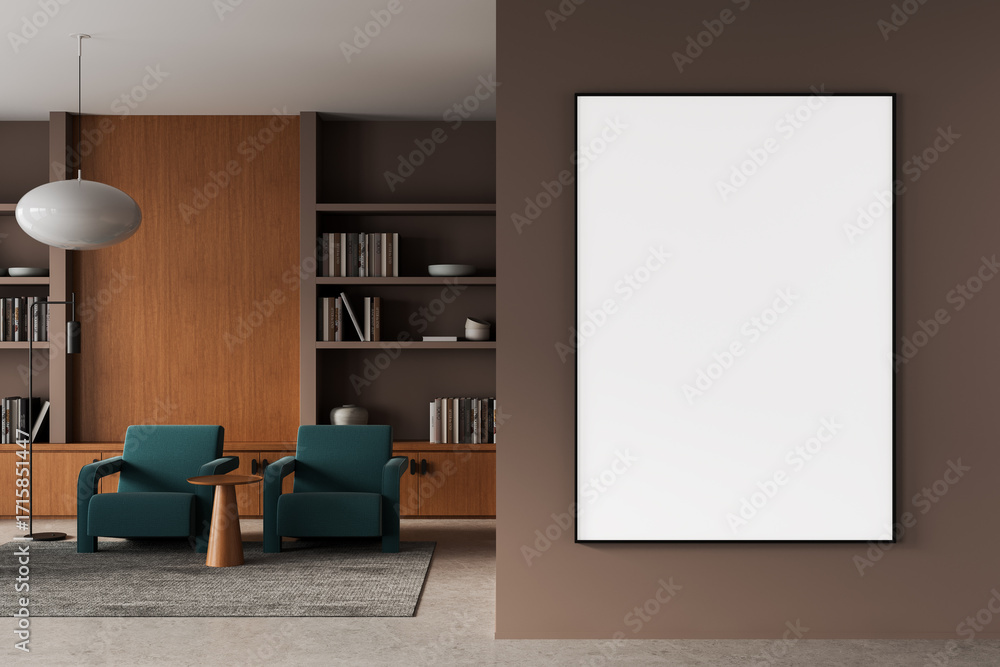 Poster modern interior reading nook with vertical poster mockup on brown wall and wooden built-in bookshelf