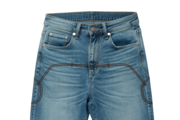 Close-up of light blue jeans with unique brown stitching detail. background removed