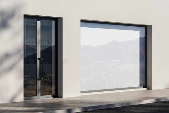 Modern wall poster mockup on building exterior with glass door and mountain reflection in window frame for contemporary design presentation use. 3D Rendering