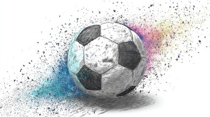 Grunge Soccer Sphere: Artistic Fusion of Pencil and Watercolor with Dynamic Particles