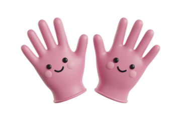 Two pink rubber gloves with cute smiling faces, waving hello. background removed