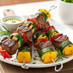 Appetizing grilled skewers featuring grilled beef and colorful vegetables, served on a white plate.