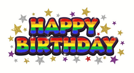 Fototapeta premium Celebrate a special birthday with vibrant rainbow text and sparkling star decorations