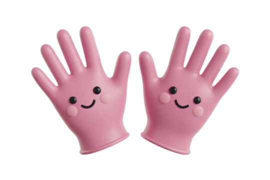 Two pink rubber gloves with cute smiling faces, waving hello. background removed