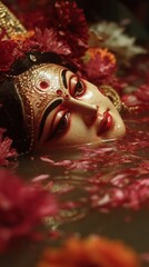 Fototapeta premium Durga Idol half submerged in water, template for social media, digital ads, web banner, mobile wallpaper, greeting card