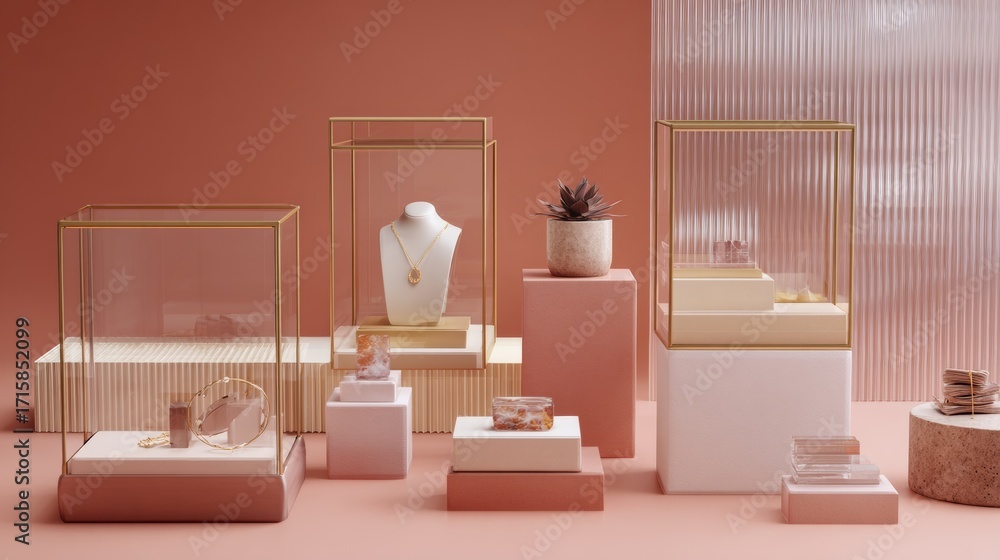 Poster minimal display cases with plants and decorative elements modern background