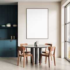 Modern dining room interior with blank poster mockup on wall above round table and wooden chairs in minimalist natural daylight setting. 3D Rendering