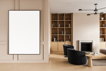 Modern living room interior with elegant poster mockup on beige wall and minimalist furniture design surrounded by wooden shelves and soft lighting. 3D Rendering