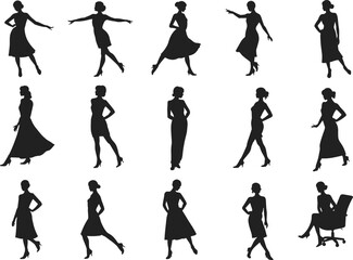 Woman silhouette, fashion model, female figure, elegant dress, standing pose, stylish posture, walking lady, cad drawing flat vector illustration