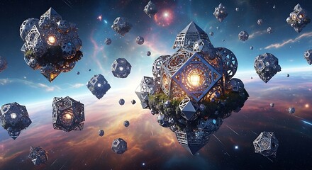 Abstract cosmic structures floating through a nebula landscape backdrop