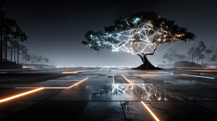 A neural network visualized as a tree of glowing nodes and connections spreading into infinity