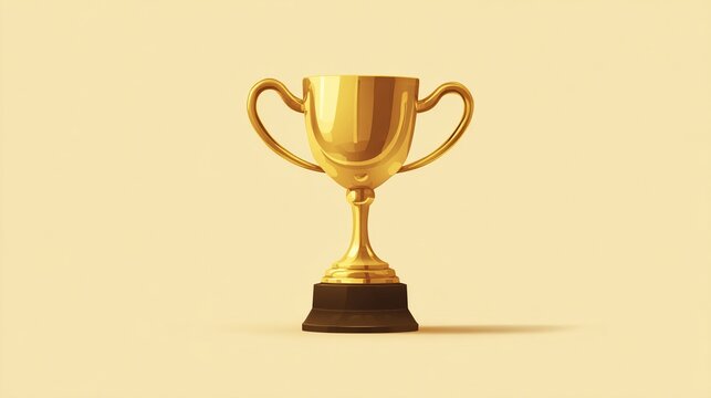 A gleaming golden trophy with two handles sits on a small, dark base against a pale yellow background.  Its polished surface reflects light, conveying a sense of achievement and victory